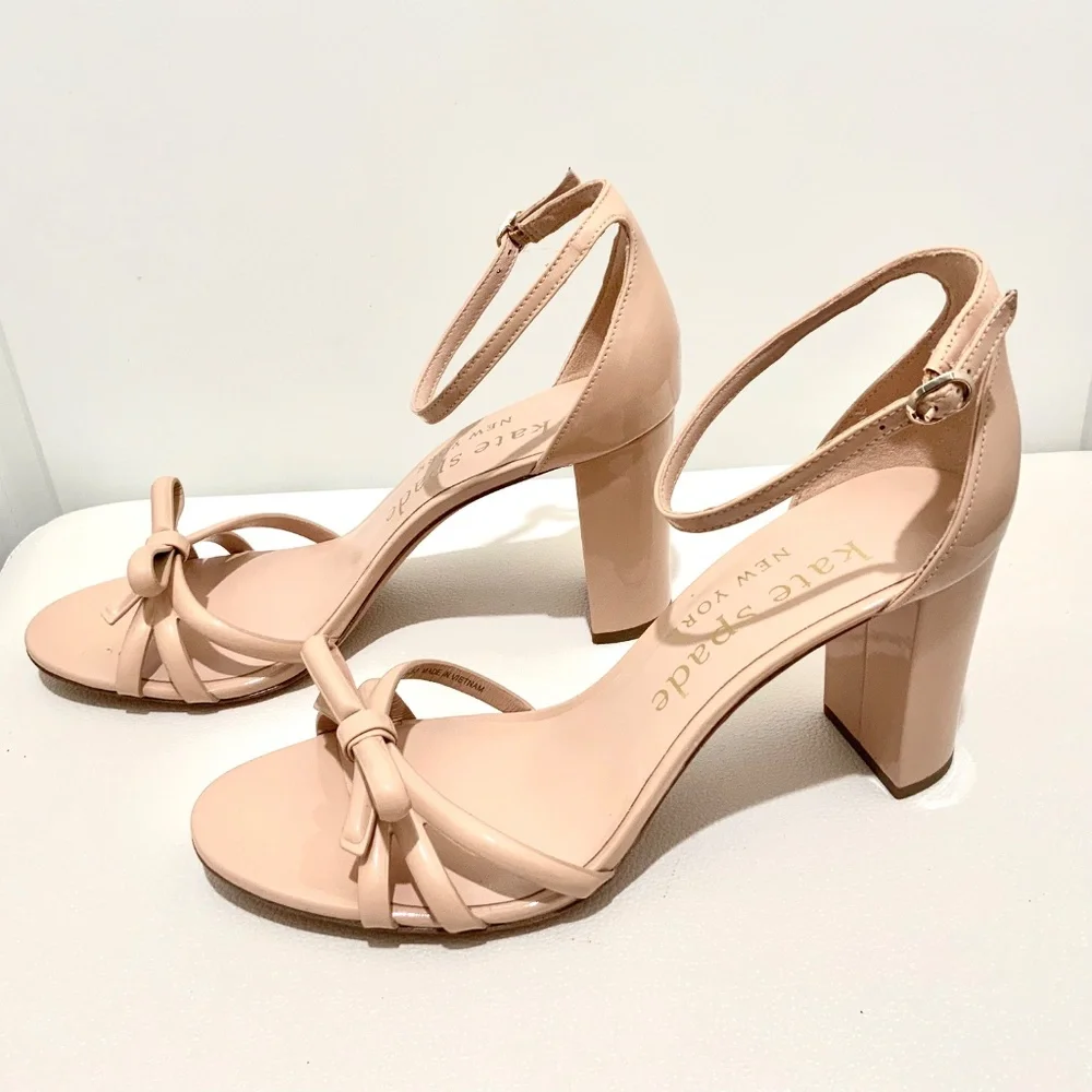 Kate Spade Flamenco Nude Patent Leather Sandal Block Heel Ankle Strap Shoes 10.5